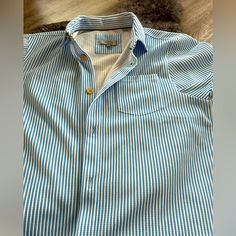 Brand New Stripe Men’s Casual Button Up Shirt Ted Baker Light Blue Button-up Shirt With Placket, Blue Button-up Short Sleeve Shirt With Button Closure, Blue Button-up Short Sleeve Shirt, Blue Button-up Short Sleeve Shirt With Placket, Blue Short Sleeve Button-up Shirt With Placket, Light Blue Casual Shirt With Button Cuffs, Blue Short Sleeve Shirt With Spread Collar, Blue Short Sleeve Shirt For Work, Baker Shirts