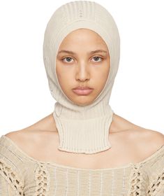 Rib knit cotton balaclava in off-white. · Pointelle detailing throughout · Vents at collar Face masks and face coverings are final sale and are not eligible for return or exchange. Supplier color: Cream Grey Beanie, Face Coverings, Knit Cotton, Headdress, Knit Beanie, Face Masks, Final Sale, Rib Knit, Apparel Accessories