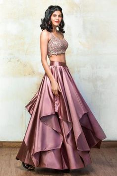 Shop for Izzumi Mehta Pink Bridal Satin Embroidered Lehenga Set for Women Online at Aza Fashions Satin Dresses Indian Wear, Satin Lehenga Party Wear, Satin Layered Dress, Satin Dresses Traditional, Pink Satin Lehenga, Lehanga Designs Satin, Layered Lehenga Indian Outfits, Satin Traditional Outfit, Satin Traditional Dress