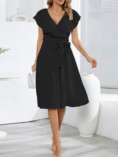 Selling Points1.Gender:Womens2.Dresses Type:Semi Formal Dress3.Neckline:V Neck4.Design:Ruffle5.Sleeve Length:Short Sleeve6.Season:SummerSpring7.Dress Length Type:Midi DressSpecificationsGenderWomensStyleModern,FashionDresses TypeSemi Formal DressNecklineV NeckFabricPolyesterDesignRuffle,Lace upSleeve LengthShort SleeveElasticityMicro-elasticLook After MeMachine washPatternPlainSeasonSummer,SpringFit TypeRegular FitDress Length TypeMidi DressHow to MeasureSize ChartINCHCMSizeFit US SizeFit UK ... Solid Color V-neck Midi Dress For Office, Solid Color Belted V-neck Midi Dress, Solid Sleeveless Belted Dress, Belted Midi Dress With V-neck, Midi Dress With Ruffle Sleeves For Brunch, Non-stretch Spring Dresses For The Office, Fitted Belted Dress With Flutter Sleeves, Non-stretch Spring Office Dresses, Spring Office Non-stretch Dresses