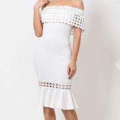 White Crochet Band Dress Off Shoulder Flare Bottom Dress Has A Lot Of Stretch White Off-shoulder Midi Dress For Summer, Chic White Off-shoulder Bodycon Dress, White Ruched Off-shoulder Maxi Dress, White Off-shoulder Maternity Dress, White Stretch Off-shoulder Midi Dress, Rebecca Taylor Dress, Fairycore Dress, Chambray Shirt Dress, Burnt Orange Dress