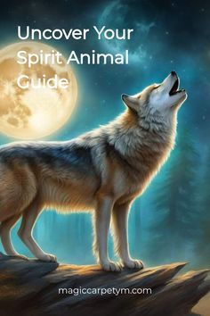 Wolf howling at the moon under a starry night sky with text "Uncover Your Spirit Animal Guide".