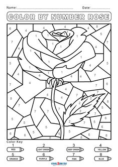 the color by number rose is shown in this coloring page