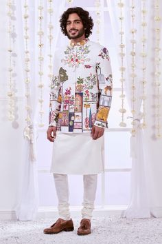 White full sleeves bandhgala crafted in 100% silk with Moroccan Kalamkari embroidery. - Aza Fashions Silk Kurta With Multicolor Embroidery And Long Sleeves, Designer Long Sleeve Nehru Jacket With Intricate Embroidery, Designer Long Sleeve Nehru Jacket With Embroidery, Festive Long Sleeve Bandhgala With Multicolor Embroidery, Designer Long-sleeve Embroidered Nehru Jacket, Cotton Bandhgala With Zari Work And Long Sleeves, Cotton Long Sleeve Bandhgala With Zari Work, Silk Bandhgala With Long Sleeves For Festive Occasions, Designer Long Sleeve Nehru Jacket For Festive Occasions