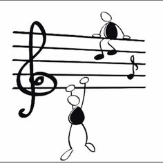 an image of music notes with people playing the piano and singing on one side, black and white