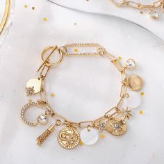 Selenichast Gold Moon and Star Charm Bracelet With Toggle Clasp, Friendship Patterns Charm Moon Star Alloy Shell Diamond Dainty Bracelet Friendship Patterns, Star Charm Bracelet, Diamond Star Necklace, Everyday Wear Jewelry, Star And Moon Necklace, Rabbit Earrings, Diamond Evil Eye, Lucky Bracelet, Nature Earrings