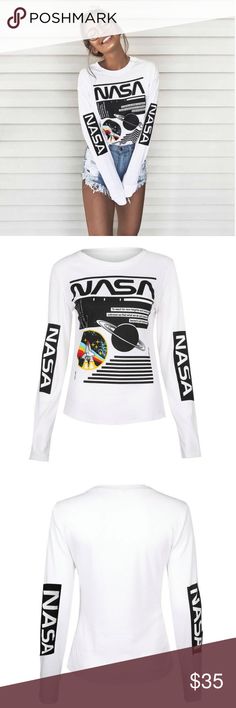 New! Women's NASA Logo Long Sleeve Sweater New! Women's NASA Logo Long Sleeve Sweater     - Sizes: S / M / L / XL    - Material: 90% Polyester, 10% Spandex     - Model: Wearing Size Small, Bust 33.5", Waist 33", Length 24" Sweaters Crew & Scoop Necks Winter Stretch Printed Top, Graphic Print Stretch Tops For Fall, Stretch Graphic Print Tops For Fall, Printed White Top For Winter, Winter Stretch Tops With Letter Print, Winter Stretch Tops With Graphic Print, Nasa Clothes, Nasa Logo, Suits Clothing