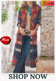 Geometric Long Sleeve Cardigan Coats Geometric Coat, Southwest Fashion, Lapel Collar Coat, Native American Clothing, Geometric Sleeve, Long Sleeve Outerwear, Women Overcoat, Casual Outerwear, American Clothing