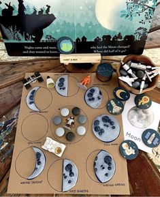 the moon phases are displayed in front of a box with magnets and paper plates