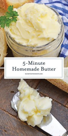 homemade butter in a jar with bread and parsley