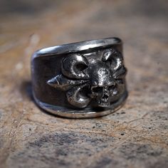 Vintage Heraldic Skull Ring "Darkness line" Grunge Rings, Grunge Ring, Handmade Vintage Sterling Silver Skull Ring, Black Skull Ring For Streetwear, Punk Style, Vintage Silver Nickel-free Skull Ring, Handmade Silver Skull Ring, Symbolic Style, Hand-cast Sterling Silver Black Skull Ring, Biker Rings, Skull Ring