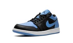 The Air Jordan 1 Low "University Blue" is a colorway of the retro basketball shoe that shows love to the North Carolina Tar Heels basketball team.  The “University Blue” Jordan 1 Low is not affiliated with the University of North Carolina or its athletic department, but it nonetheless draws favorably from Michael Jordan’s alma mater’s familiar team colors.  The shoe has University Blue leather on the perforated toe, collar, heel, and Swoosh.  Contrasting black leather appears on the toe cap, for Blue Jordan 1 Low, Jordan 1 Low University Blue, Sneakers Box, Kobe Shoes, Retro Basketball Shoes, Blue Jordans, Retro Basketball, Nike Air Jordan 1 Low, North Carolina Tar Heels