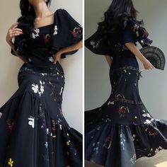 two pictures of a woman in a black dress with flowers on it and one is holding a fan