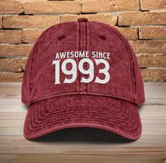 Awesome since 1993 Cotton Twill Cap * 30th Birthday Gift for men * Vintage Embroidered Dad Hat Gift For 30th Birthday * 100% cotton twill * 6-panel unstructured cap with a low profile * 6 sewn eyelets * Black sweatband * Metal snap buckle with an antique brass finish * Washed-out vintage effect 30th Birthday Gifts For Men, 50th Birthday Gifts For Men, 65th Birthday Gift, Cowgirl Gifts, 90th Birthday Gifts, Mom Hats, Auntie Gifts, Firefighter Gifts, Vintage Cap