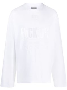 white cotton embroidered design round neck long sleeves straight hem When buying this unisex item, keep in mind that it is graded in standard men's sizing. White Top With Embroidered Logo For Streetwear, White Crew Neck T-shirt For Spring, White Sweatshirt With Embroidered Logo For Streetwear, White Long Sleeve T-shirt With Embroidered Logo, White Sweatshirt With Embroidered Graphics, White Relaxed Fit Sweatshirt With Embroidered Graphics, White Embroidered Sweatshirt With Relaxed Fit, White Long Sleeve Sweatshirt With Embroidered Graphics, White Embroidered Long Sleeve Sweatshirt