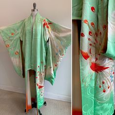 "This is a beautiful vintage light green hand-painted silk Japanese kimono with cloud design and large, vibrant embroidered red and ivory peacock featuring blue, white and gold feathers. There is a gold colored lining as well as ivory lining panels that fade into a bright red that peeks out from each sleeve. This kimono is in excellent vintage condition.   Measurements: Shoulder Seam to Shoulder Seam Width: 26\" / Sleeve Length: 36\" / Shoulder to Hem Length: 61\" / Sleeve Opening: 8.5\" / Shoul Green Embroidered Kimono With Kimono Sleeves, Spring Wedding Green Kimono, Green Long Kimono For Wedding, Multicolor Spring Wedding Kimono, Traditional Spring Wedding Kimono, Traditional Green Kimono For Spring, Traditional Green Kimono For Festivals, Red Peacock, Cloud Design