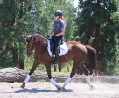 a woman riding on the back of a brown horse across a dirt field with trees in the background