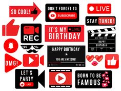 red and black birthday stickers are arranged in the shape of a square, rectangle, arrow, heart, speech bubbles