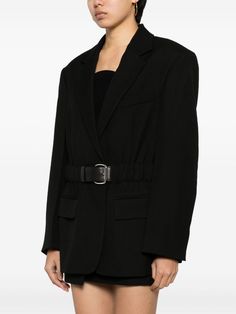 Alexander Wang Belted wool-canvas Blazer - Farfetch Tailored Black Belted Blazer, Fitted Blazer With Belt Detail For Work, Formal Black Outerwear With Belt Detail, Formal Black Belted Outerwear, Tailored Long Sleeve Blazer With Belt, Formal Belted Blazer For Fall, Chic Black Blazer With Belted Cuffs, Tailored Formal Outerwear With Belt Detail, Tailored Formal Blazer With Belt