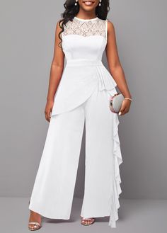 ROTITA Lace White Long Round Neck Sleeveless Jumpsuit White Sleeveless Ruffled Jumpsuits And Rompers, White Sleeveless Jumpsuit With Ruffles, White Sleeveless Ruffled Jumpsuit, Pleated Jumpsuit, Solid Jumpsuit, Jumpsuit Elegant, Jumpsuits And Romper, Lace Patchwork, White Jumpsuit