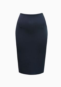 This pencil skirt in milano knit features an exposed back metal zipper 24 inch length from the waist. The high waisted pencil skirt is suitable as workwear or night time attire. Pencil skirt features an exposed back metal zipper with a 24 inch length from the waist, stitched in a milano knit. High waisted skirt is suitable for a day at the office or a night on the town. Italian yarn: 83% viscose and 17% elite polyamide blend. Dry clean only. Product of France. Navy blue skirt styled with Stephan Elegant Midi Pencil Skirt For Work, Sleek Elastane Pencil Skirt Bottoms, Formal High-waist Fitted Pencil Skirt, Classic Evening Midi Pencil Skirt, Modern Midi Skirt For Office, Chic Formal Pencil Skirt In Elastane, Modern Midi Pencil Skirt For Office, Classic Fitted Pencil Skirt, Elegant Structured Bottoms For Office