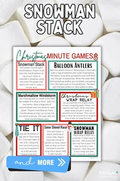 the snowman stack game is shown on top of marshmallows with text overlay