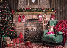 a living room decorated for christmas with stockings and presents on the fireplace mantels