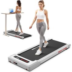 a woman is walking on a treadmill