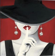 a painting of a woman wearing a black hat and holding her finger to her lips