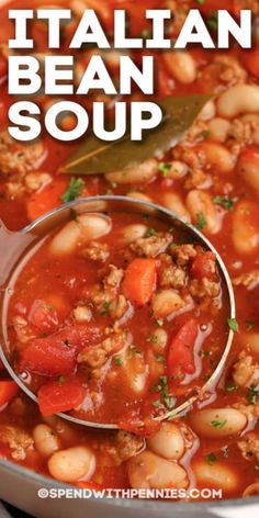 a ladle full of italian bean soup in a white bowl with the title above it