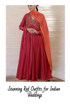 Woman in an elegant red traditional Indian outfit with intricate gold embroidery. Karvachauth Look, Kurtis Indian, Karva Chauth, Modern Dresses, Indian Designer Suits, Indian Couture