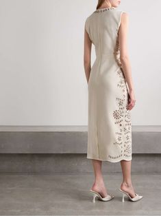 OSCAR DE LA RENTA Crystal-embellished broderie anglaise wool-blend crepe midi dress | NET-A-PORTER Elegant Embellished Sheath Midi Dress, Formal Embellished Sheath Midi Dress, Chic Embellished Knee-length Midi Dress, Elegant Silk Embroidered Formal Dress, Fitted Formal Embroidered Midi Dress, Embellished Sheath Midi Dress For Cocktail, Luxury Midi Length Wedding Dress, Elegant Midi-length Embroidered Floral Dress, Elegant Midi Embroidered Floral Dress