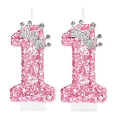 pink and silver glitter number one candle holders