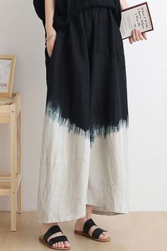 #linen #tiedye #pants #wideleg Casual Black Bottoms, Black Ankle-length Wide Leg Pants For Summer, Spring Black Ankle-length Wide Leg Pants, Black Ankle-length Pants For Spring, Black Ankle-length Summer Pants, Black Ankle-length Harem Pants For Spring, Bohemian Black Relaxed Fit Bottoms, Spring Wide Leg Bottoms With Unfinished Hem, Casual Bottoms With Unfinished Hem For Fall