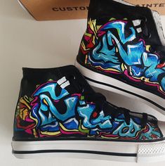 "⭐ FREE SHIPPING ⭐ Hippie sneakers are a great way to stand out from the crowd. These high top sneakers feature graffiti style art custom painted shoes with creative brush strokes. The black shoelaces add a sense of sophistication to this alternative fashion design. They're great as a gift idea or as an addition to your own wardrobe if you like being the center of attention where ever you go! The quality of these kicks is waterproof, and long lasting. A perfect gift for your brother, boyfriend, Teen Boy Shoes, Customise Shoes, Creative Graffiti, Graffiti Shoes, Converse Custom, Custom Painted Shoes, Painted Sneakers, Gifts For Teen Boys, Artist Custom