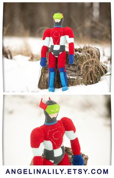 two photos of an action figure in the snow, one is wearing a red and blue suit