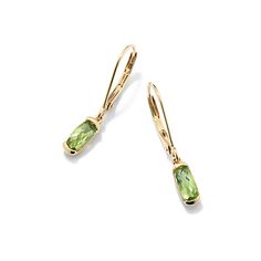 These colorful drop earrings each feature a natural peridot gemstone in a unique elongated cushion cut. They’re crafted in quality 14-karat yellow gold vermeil (pronounced ver-may)  which features a thick layer of 14-karat gold plating on sterling silver. Yellow Gold Oblong Earrings For Gift, Oblong Yellow Gold Earrings For Gift, Elegant Green Oblong Jewelry, Elegant Peridot Birthstone Earrings, Formal Peridot Drop Earrings, Elegant Rectangular Peridot Jewelry, Yellow Gold Peridot Dangle Earrings, Elegant Peridot Earrings With Ear Wire, Elegant Peridot Dangle Earrings