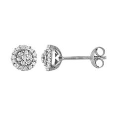 Captivate time and time again wearing these elegant diamond earrings. With a cluster of round-cut diamonds arranged in a halo motif, these stud earrings are a gorgeous way to complete your outfit. Comes in a gift box.EARRING DETAILS Diameter: 6.3 mm Backings: post Metal: sterling silver DIAMOND DETAILS Total weight: 1/4 ct. Shape: round Color grade: G-H Clarity: I3 Setting: prong Image(s) may be enlarged to show detail.Diamond weights are approximate. Diamond total weights may vary between .01 a Post Metal, Silver Diamonds, Round Cut Diamond, Jewelry Earrings Studs, Belly Button Rings, Round Cut, Diamond Earrings, Halo, Gift Box