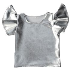 Beautiful top with groovy sleeves shinny. this item is a perfect statement piece.  80% polyester, 20% spandex  Machine wash Made in the USA Bell Gardens, Dream Kids, Silver Tops, Black Bow, Cute Shirts, Kids Shirts, Metallic Silver, Lace Dress, Foil