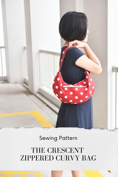 a woman carrying a red and white polka dot purse on her back with the text sewing pattern