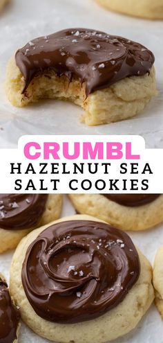 a close up of a cookie with chocolate frosting on it and the words crumbl ha zeinut sea salt cookies