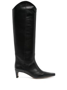 black calf leather smooth grain Western style square toe branded leather insole leather sole 55mm mid heel knee-high pull-on style Western Style Black Wide Calf Mid-calf Boots, Luxury Black Calf Leather Mid-calf Boots, Black Western Style Mid-calf Boots, Black Western Knee-high Boots With Square Toe, Luxury Black Western Mid-calf Boots, Loafer Sneakers, Iconic Bags, Flat Boots, Summer Beach Wear