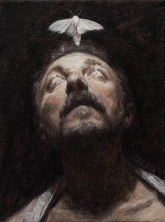 a painting of a man looking up at a white bird on top of his head