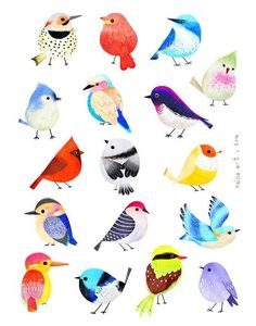 a bunch of colorful birds sitting on top of each other in different colors and sizes