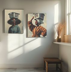 two paintings hang on the wall next to a stool