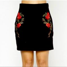 This Is A Super Stylish And Trendy Mini Skirt. The Skirt Is All Black And Has Beautiful Floral Embroidery On Both Sides Of The Front. It Features An Elastic Waistband Which Allows For A Really Nice Fit. The Material Is Very Stretchy And Is Meant To Have A Tight Look. Measurements Are Listed Below And Are In Inches. Measurements Are Approximate And In The Order Of Waist, Hip, And Length S - 14 / 17 / 18 M - 15 / 18 / 18 L - 16 / 19 / 19 Floral Embroidered Fitted Mini Skirt, Fitted Embroidered Black Mini Skirt, Fitted Embroidered Mini Skirt, Black Skirt With Floral Embroidery, Black Floral Embroidered Skirt, Embroidered Black Mini Skirt For Spring, Fitted Red Skirt With Floral Embroidery, Elegant Embroidered Fitted Mini Skirt, Elegant Fitted Embroidered Mini Skirt