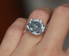 Silver Rose Ring, Flower Statement Necklace, Polymer Clay Flower Jewelry, Rose Ring, Polymer Clay Flowers, Themed Jewelry, Floral Jewellery, Metal Flowers, Flower Ring