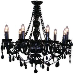 a black chandelier with crystal drops hanging from it's center and sides