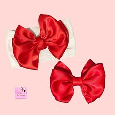 Beautiful Red Satin Ribbon Bow on a wide White Nylon Headband for daily wear or any special occasion!!   🎀  This item is also available as a single Hair Bow on an alligator clip.  🎀  These nylon headbands are hand sewn, with limited seams on the headband means maximum stretch for ultimate comfort.   🎀  The Nylon headband will easily stretch to fit your little girl as she grows.  🎀  The Bow size is approximately 4.5 to 5" wide and the nylon headband measures 3" wide 🎀 Nylon Headband Bow Sizes  Preemie * 10" Newborn * 12" Baby * 0 - 6 Mo * 13" Baby * 6 Mo-12 Mo * 14" Toddler * 1 Yr- 3 Yrs * 17" Child * 3 Yrs - 8 Yrs + 18" 🎀  Each Hair Bow and Headband Bows are made to order. Please keep in mind that because these are hand cut and hand tied, no two bows will look the same so pattern pla Adjustable Solid Hair Accessories With Matching Headband, Adjustable Red Bow Hair Accessories, Adjustable Red Hair Accessories With Bow, Red Bow Hair Accessories, Adjustable Red Bow Hair Accessories For Gift, Adjustable Red Bow Hair Accessory Gift, Big Bow Headband, Big Hair Bows, Bow Headbands