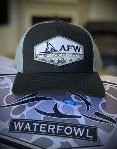 AFW Fishing Patch Hat - Black/Grey Snapback Trucker Pro Round Crown Mesh Back Panels Chino Twill Front Panels Comfort Sweatband Structured Slight Pre-Curve Plastic Snap Black Curved Brim Fishing Hat, Gray Casual Fishing Hat, Black Curved Brim Hat For Fishing, Casual Gray Fishing Hat, Adjustable Black Fishing Hat, Adjustable Black Hat For Fishing, Adjustable Black Trucker Hat For Fishing, Black Curved Bill Hat For Fishing, Black Snapback Baseball Cap For Fishing